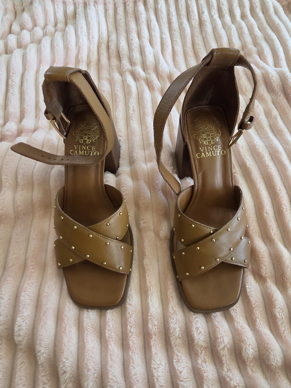 Vince Camuto Tan Studded Crisscross Block Heel Sandals